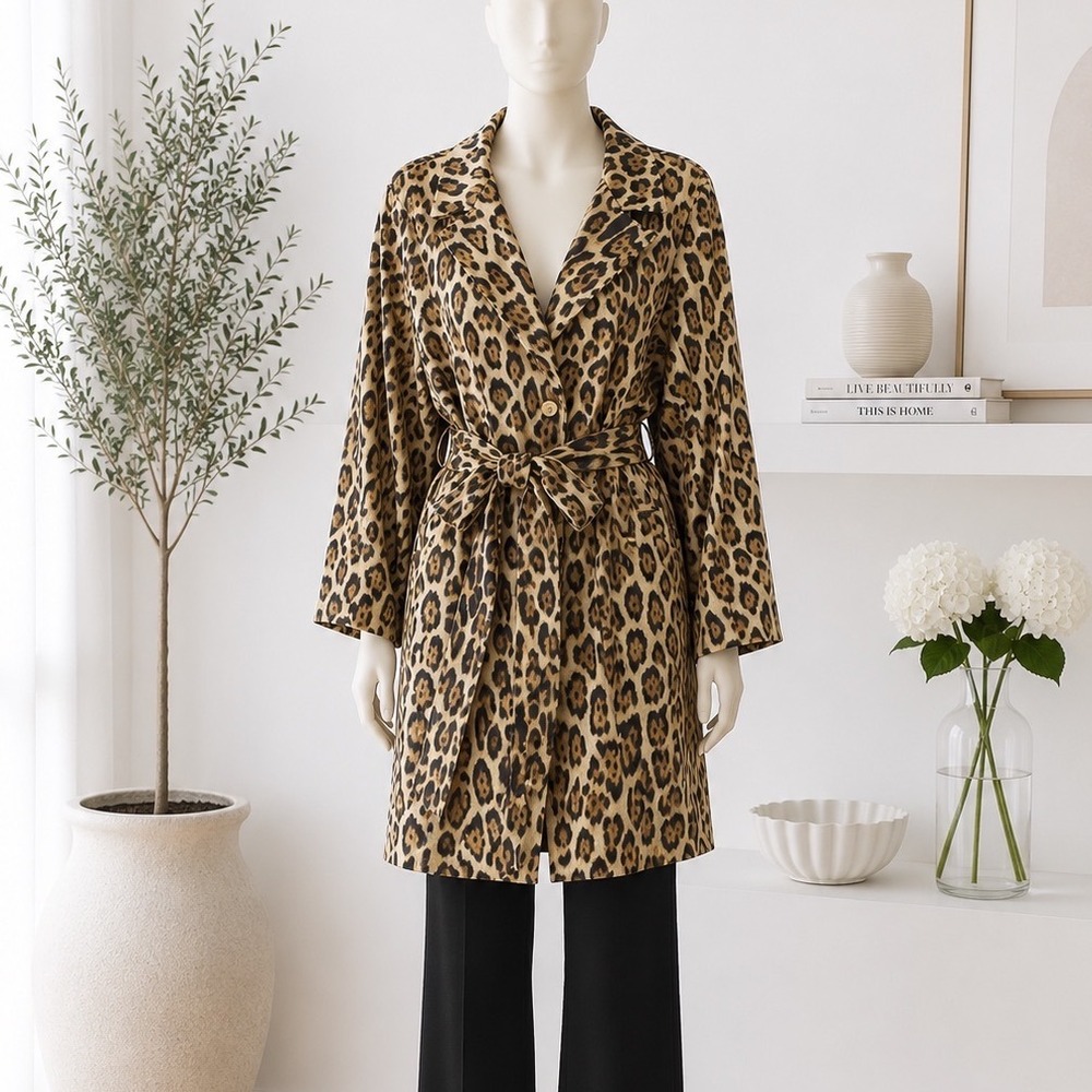 Elie Tahari Trench Coat Womens 3X EH424090W‎ Leopard Print Faux Leather NEW